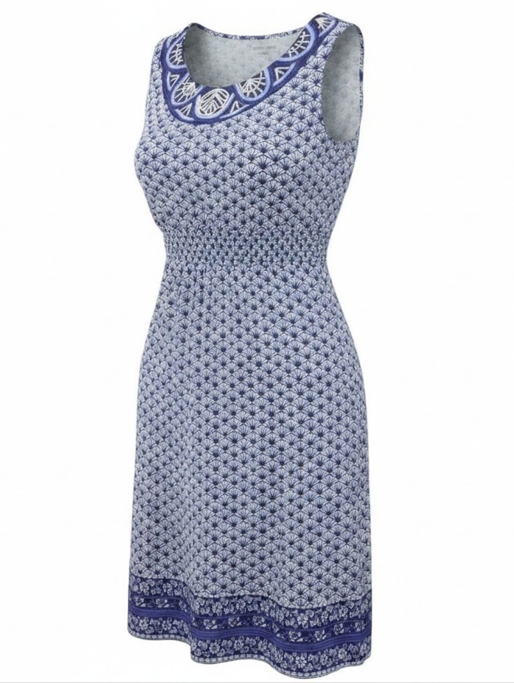 CHARTER CLUB‎ | Blue White Art Deco Smocked Waist Sleeveless Dress Coastal | S